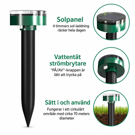 Solcellsdriven sorkskrämmare / ultraljudsskrämma – markspett utomhus – plast, rund modell - sparklar.se