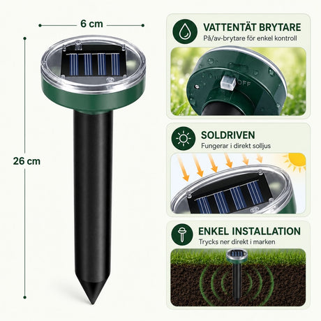 Solcellsdriven sorkskrämmare / ultraljudsskrämma – markspett utomhus – plast, rund modell - sparklar.se