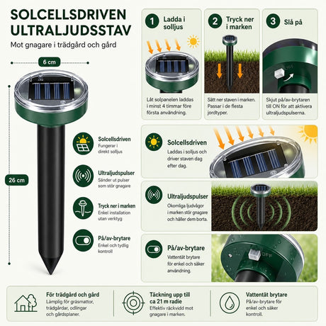 Solcellsdriven sorkskrämmare / ultraljudsskrämma – markspett utomhus – plast, rund modell - sparklar.se