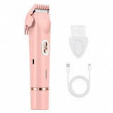 Rosa rakapparat med trimmer, kam, rengöringsborste och USB-kabel