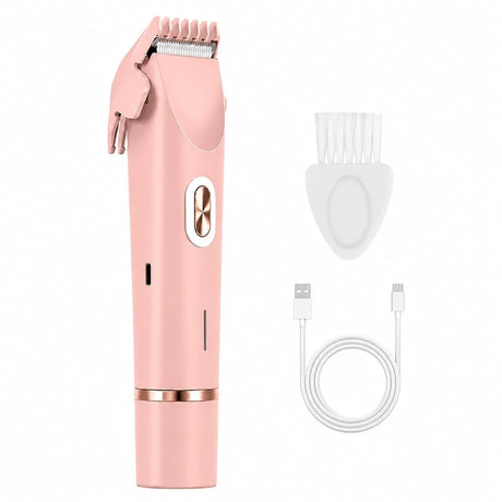 Rosa rakapparat med trimmer, kam, rengöringsborste och USB-kabel