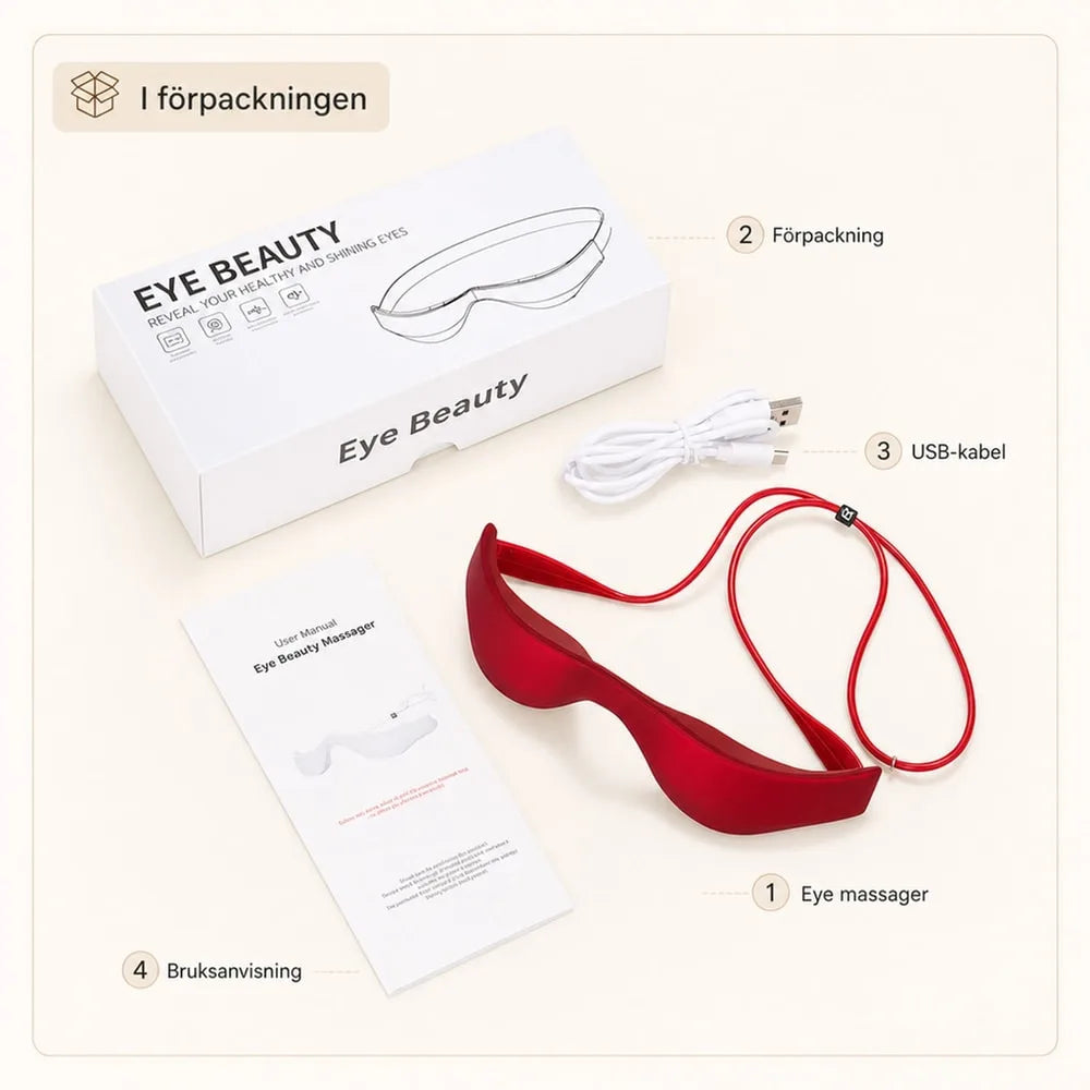 Ögonmassageapparat, USB-kabel, bruksanvisning och förpackning