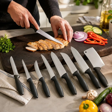 Niodelat köksknivset vid en skärbräda med grönsaker och kött - sparklar.se