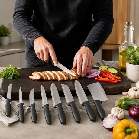Nio köksknivar med svarta handtag vid kött och grönsaker - sparklar.se