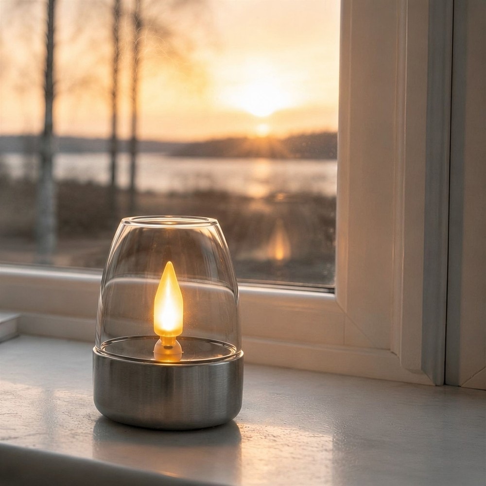 Lykta med varmt ljus vid ett fönster