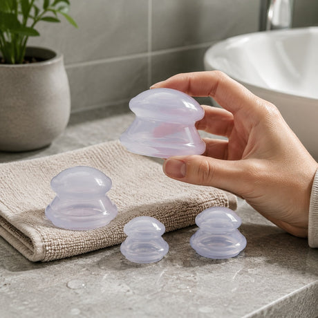 En transparent massagekopp hålls i handen intill setets övriga tre koppar