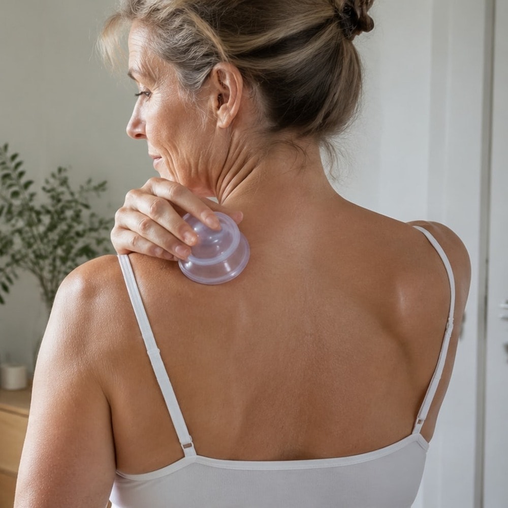 En transparent massagekopp används på axeln