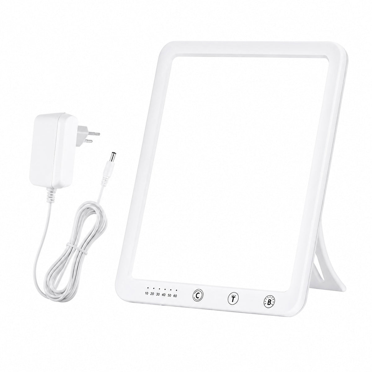 Vit LED-lampa med DC-kabel och nätadapter med två runda stift