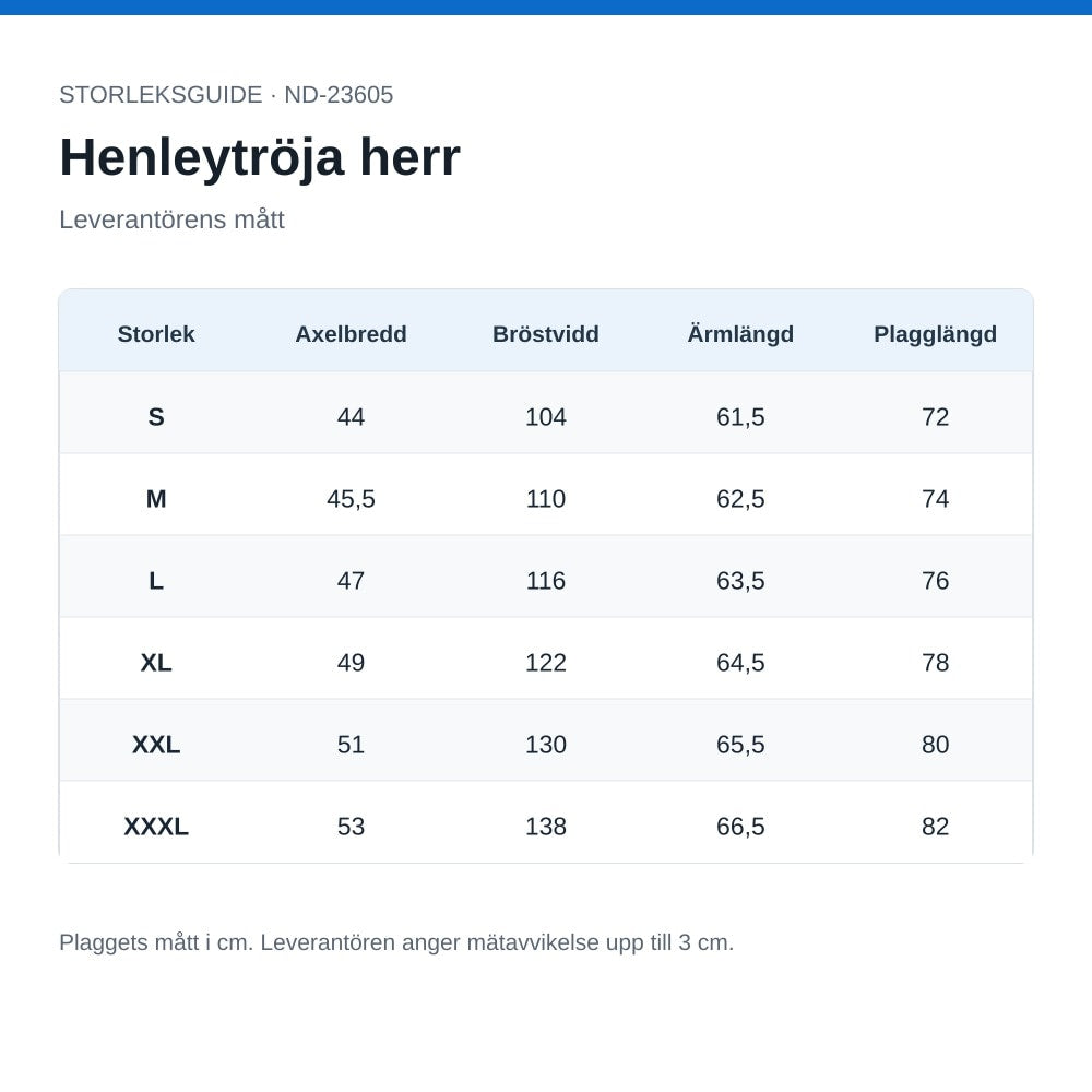 Storlekstabell med plaggmått i centimeter för henleytröja, S–XXXL