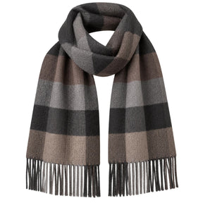 Brun, grå och svart rutig scarf med fransar