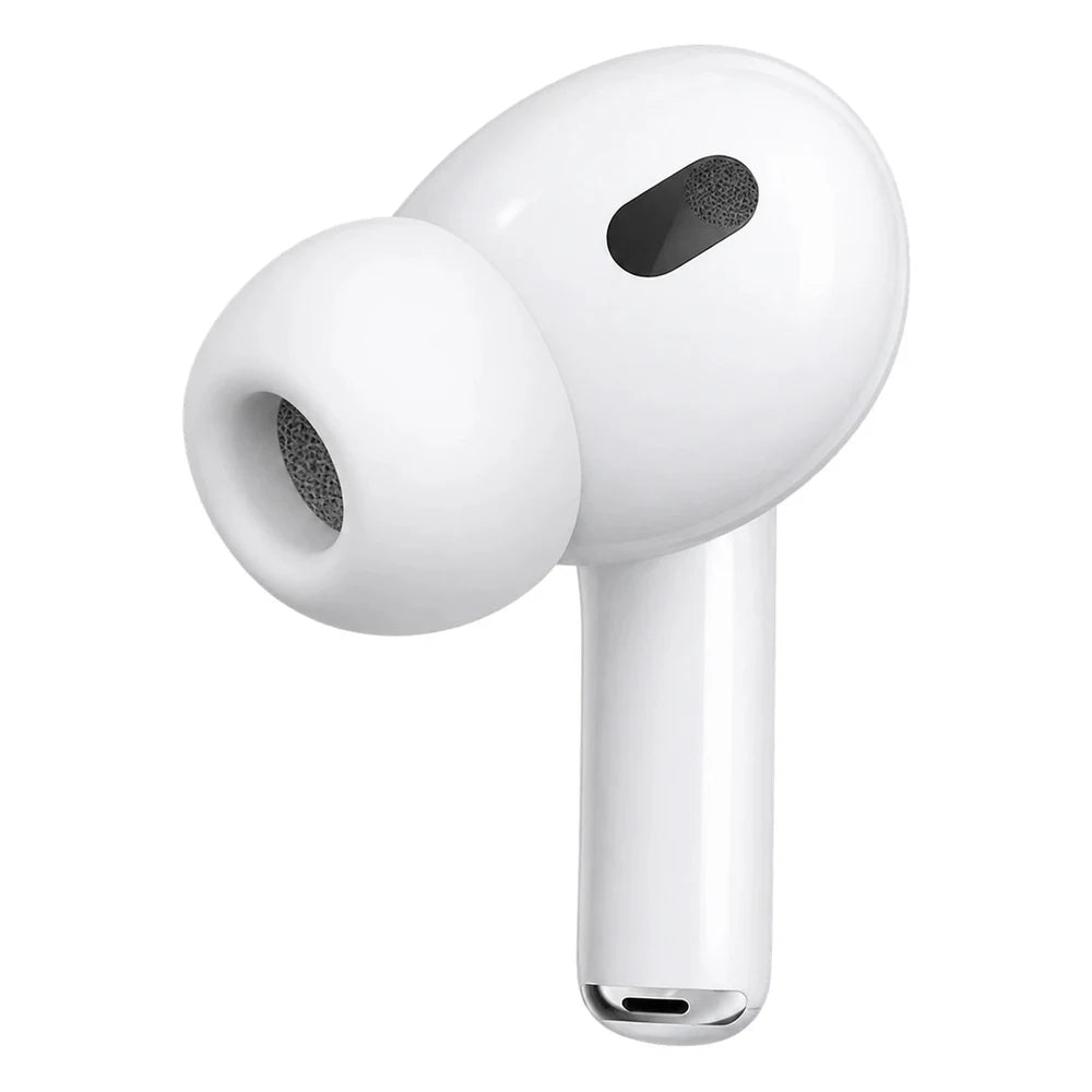 Närbild av en vit in-ear-hörlur