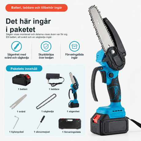 Minimotorsåg med ett batteri, en laddare, verktyg och förvaringslåda. Svärdet och sågkedjan visas även separat.