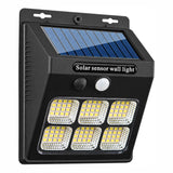 En svart solcellsvägglampa med sensor och sex ljusfält