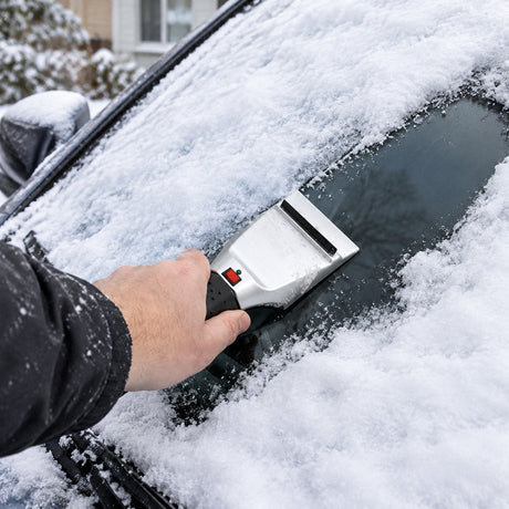 Isskrapan används på en snötäckt bilruta