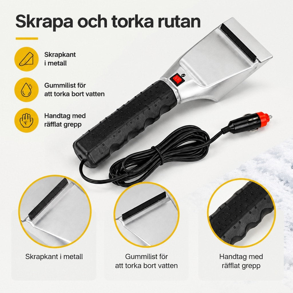 Detaljer på isskrapan: skrapkant i metall, gummilist och räfflat handtag
