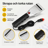 Detaljer på isskrapan: skrapkant i metall, gummilist och räfflat handtag