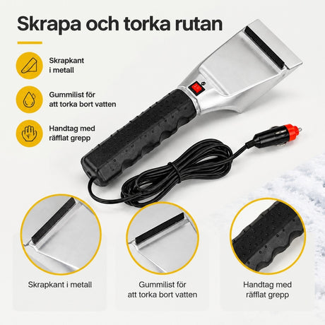 Detaljer på isskrapan: skrapkant i metall, gummilist och räfflat handtag