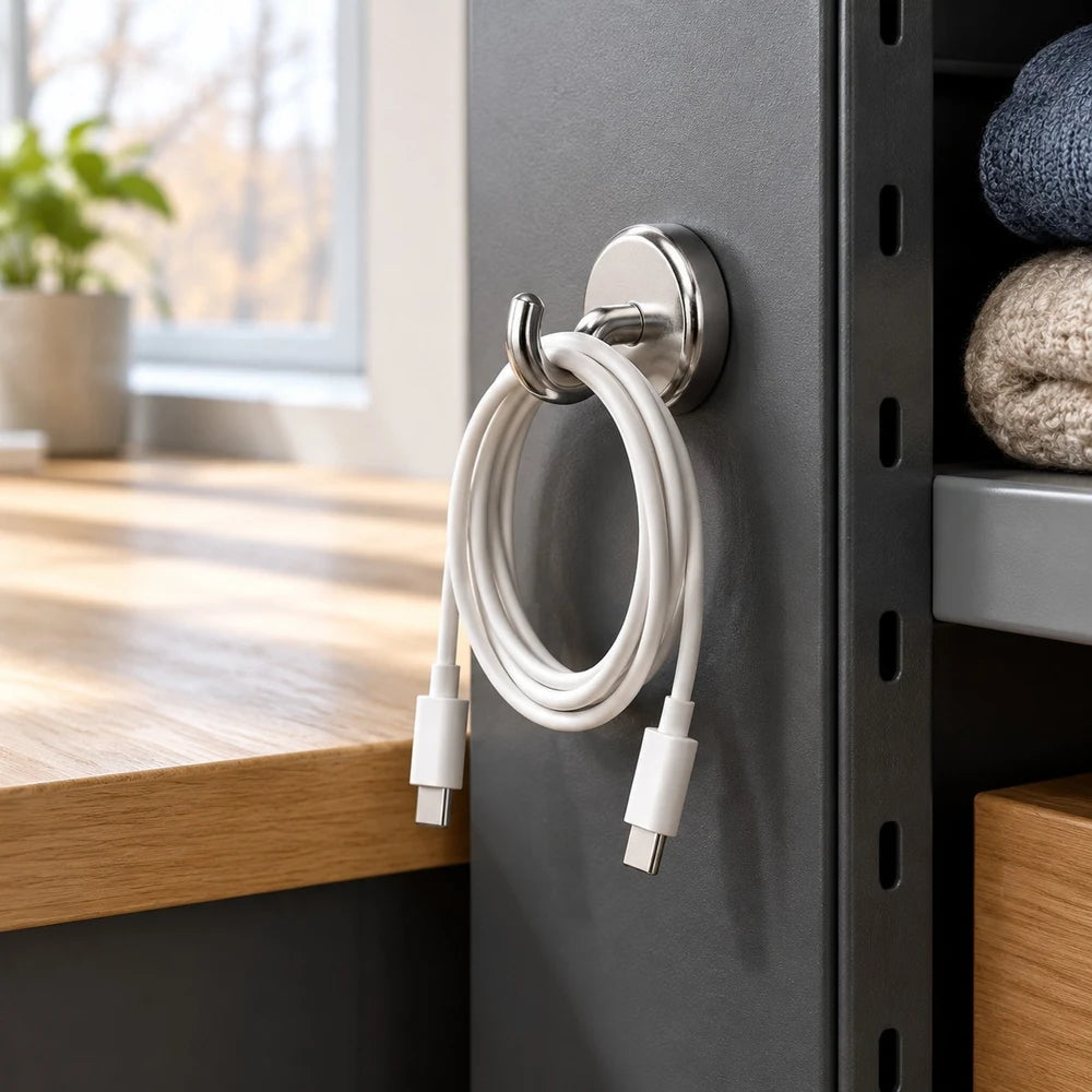 Magnetkrok med upphängd kabel på en metallyta; kabeln ingår inte
