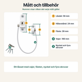 Mått för låsdel, fäste och vajer samt medföljande nyckel och skruvar.