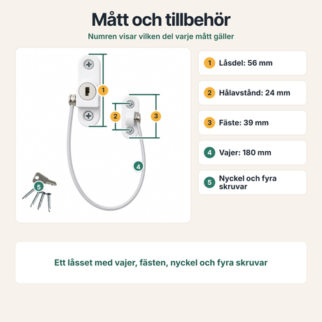 Mått för låsdel, fäste och vajer samt medföljande nyckel och skruvar.