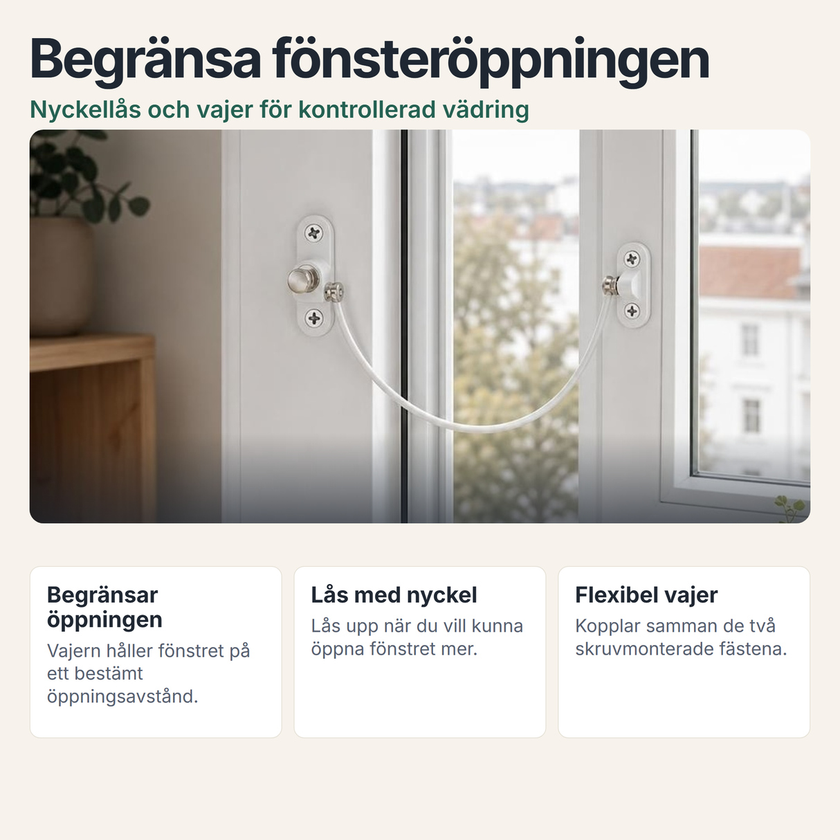 Fönsterlåsets delar, vajer och nyckellås i en produktöversikt.