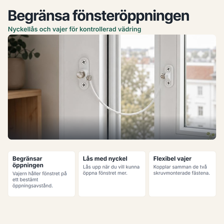 Fönsterlåsets delar, vajer och nyckellås i en produktöversikt.