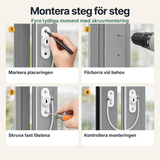Fyra steg för montering av fönsterlåset med skruvar.