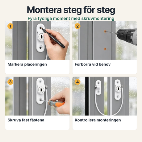 Fyra steg för montering av fönsterlåset med skruvar.