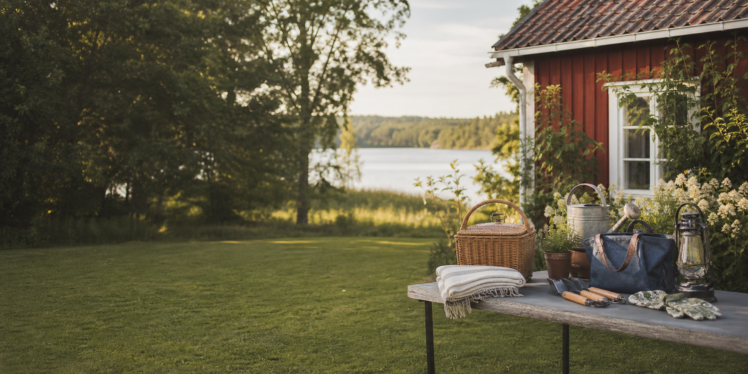 Sommarkväll vid en röd stuga och sjö med picknickkorg, filt och trädgårdsprylar