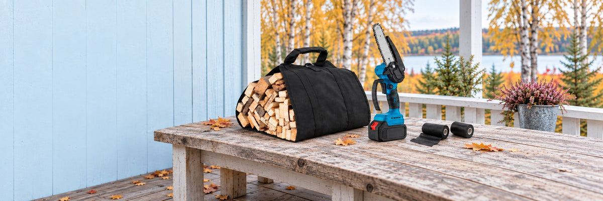 Batterimotorsåg, svart vedbärväska och två rullar fibertejp med naturlig kontakt på ett väderbitet träbord, blå vägg och svensk höstutsikt.