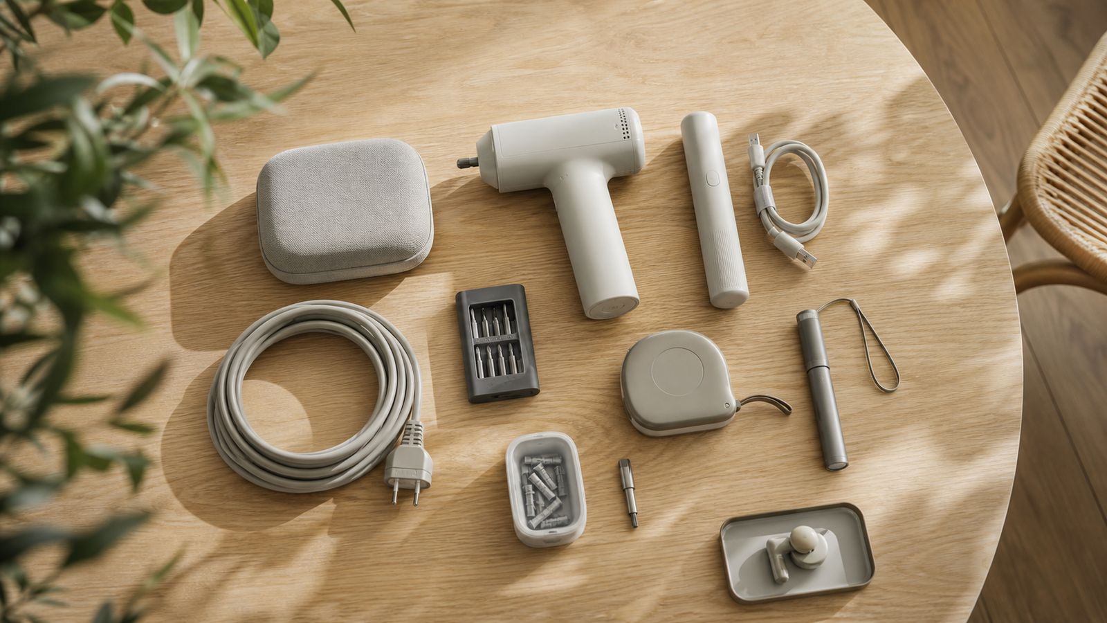 Generisk flatlay med smarta vardagsprylar på ljust träbord
