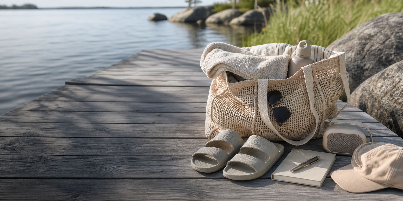 Packad strandväska med handduk, badtofflor och liten högtalare på svensk brygga vid vatten