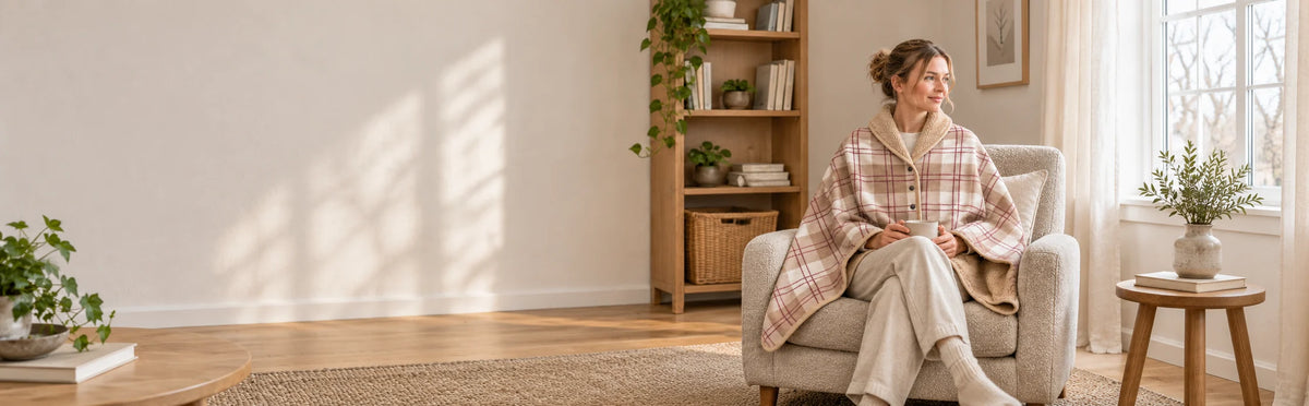 Kvinna i beige rutig capepläd i en fåtölj hemma
