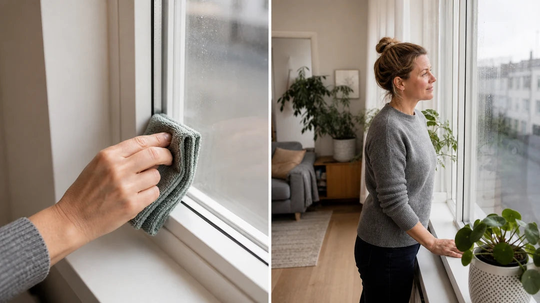 Tvådelad bild visar torr duk längs glaskanten och kontroll av rutan i sidoljus