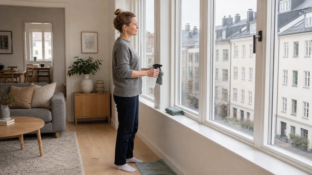 Handduk skyddar fönsterbrädan medan gardin och föremål har flyttats undan